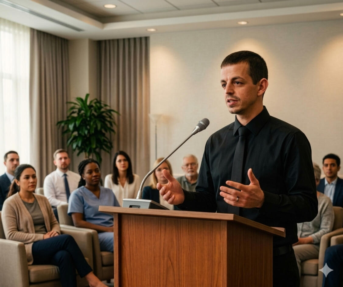 Cancer Caregiver Speaker Josh Centanni Presenting Professional speaker Josh Centanni wearing a black dress shirt and tie, speaking at a podium with a microphone during a cancer caregiver seminar, with a blurred audience seated in the background.
