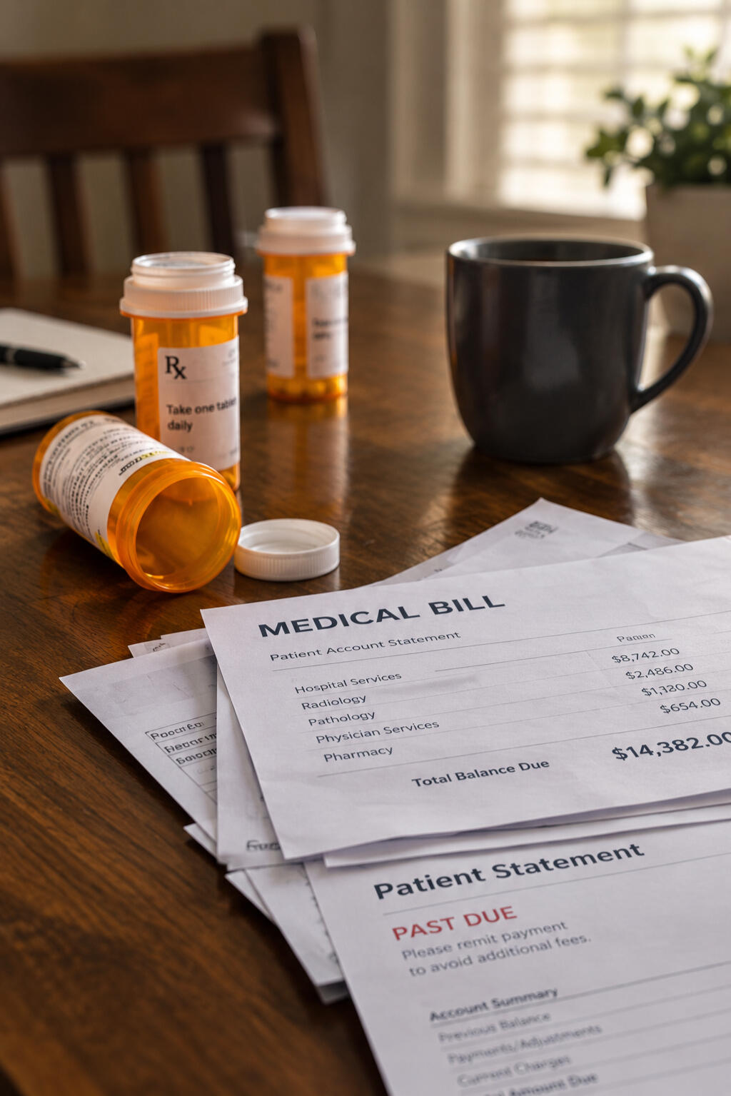 Managing Medical Bills and Medication Costs as a Caregiver An expensive hospital bill marked past due sitting on a table alongside prescription medication bottles, symbolizing the financial burden of healthcare.